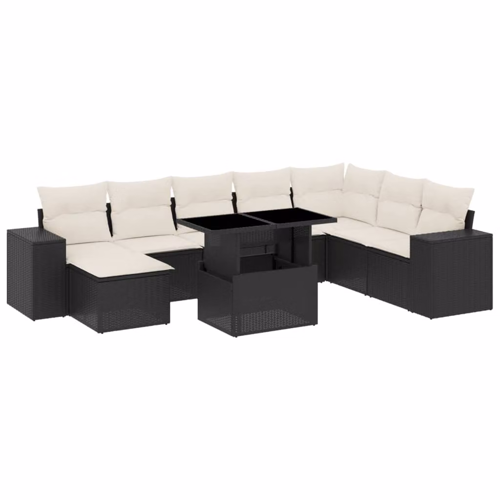 Set Divani da Giardino 9 pz con Cuscini Nero in Polyrattan