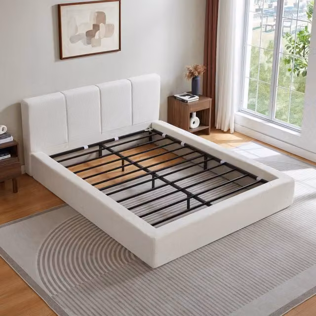 Letto matrimoniale 140×200 cm con testiera imbottita e telaio in acciaio rinforzato, senza materasso, bianco crema