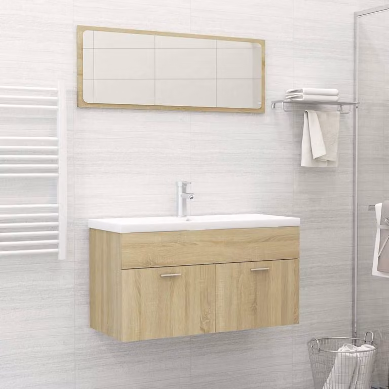 Set di mobili da bagno vidaXL composto da mobile lavabo e armadietto con specchio in legno multistrato marrone, L: 90,0 cm, P: 38,5 cm, H: 46,0 cm