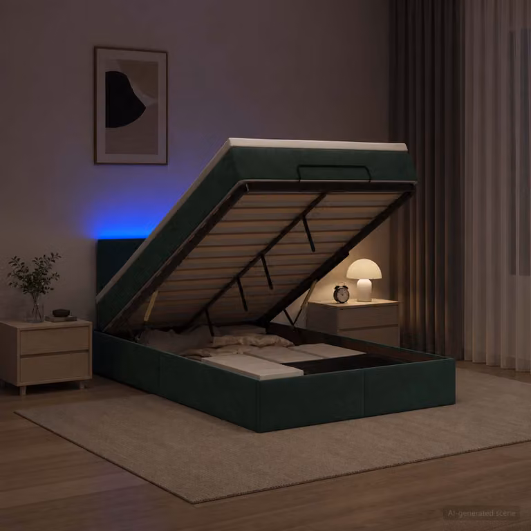 vidaXL Letto Ottomano Moderno in Velluto Verde con Materasso Ibrido, Illuminazione Sotto il Letto e Porte USB, L/P/H: 120 x 200 x 88 cm