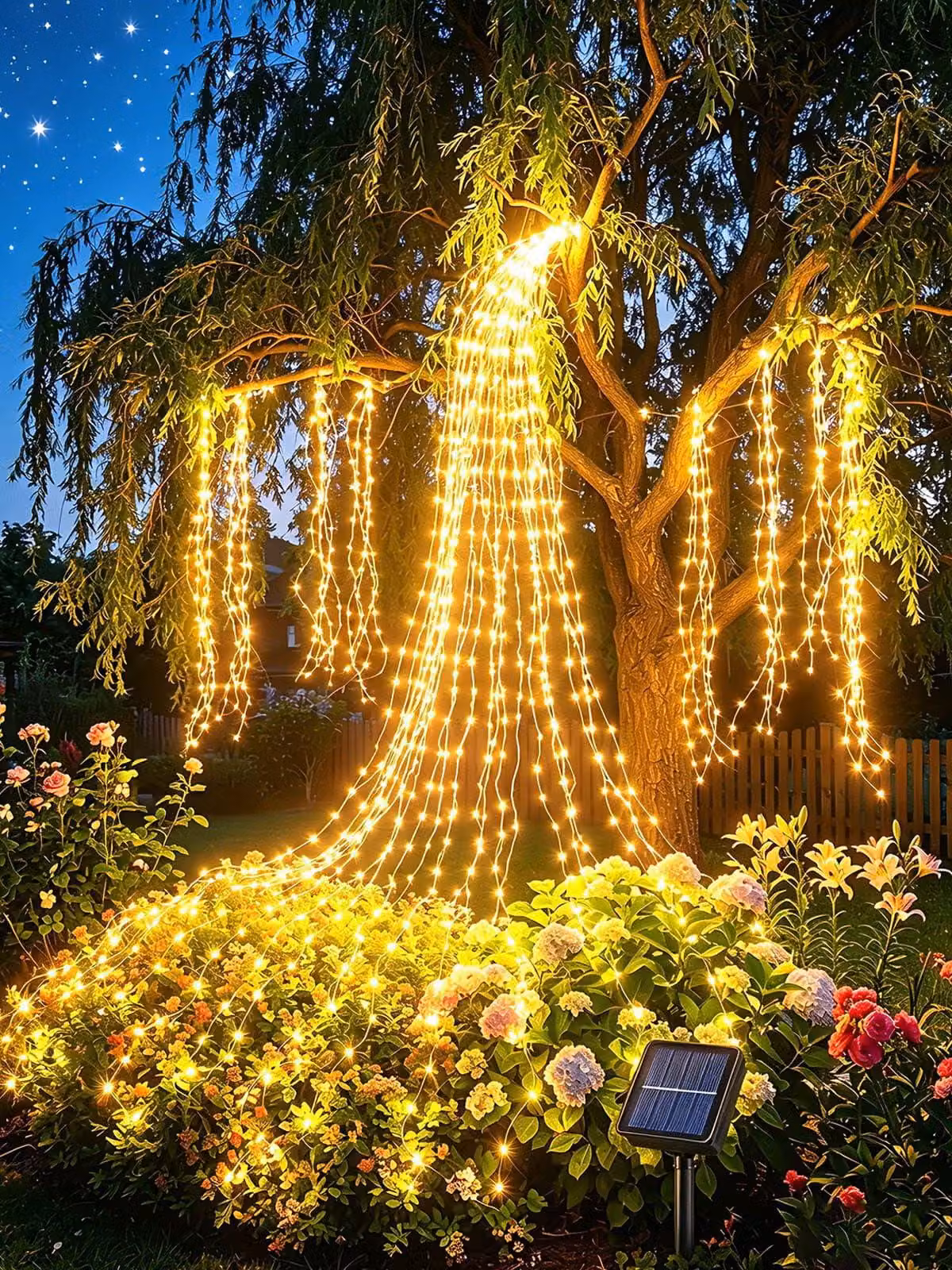 Catena luminosa solare, 2 metri, 200 LED, luce bianco caldo, 8 modalità, grado di protezione IP65