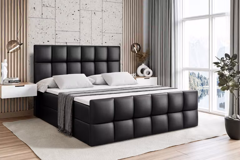 Letto boxspring ALTDECOR con pediera, materasso H4 e topper - 160x200 cm - RICAR-Z - Pelle finta nera - Letto imbottito con contenitore e rete a doghe, letto con spazio contenitivo