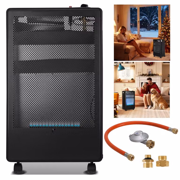 Riscaldatore a gas Ikodm Blue Flame, 3800W, 2 livelli di riscaldamento, sistema di sicurezza ODS, accensione piezoelettrica, 5 ruote, include 2 adattatori EU