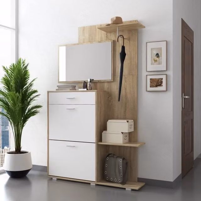 Mobile da ingresso Verres DMORA con specchio, finitura rovere marrone e bianco, L: 120 cm, P: 25 cm, H: 192 cm – 1