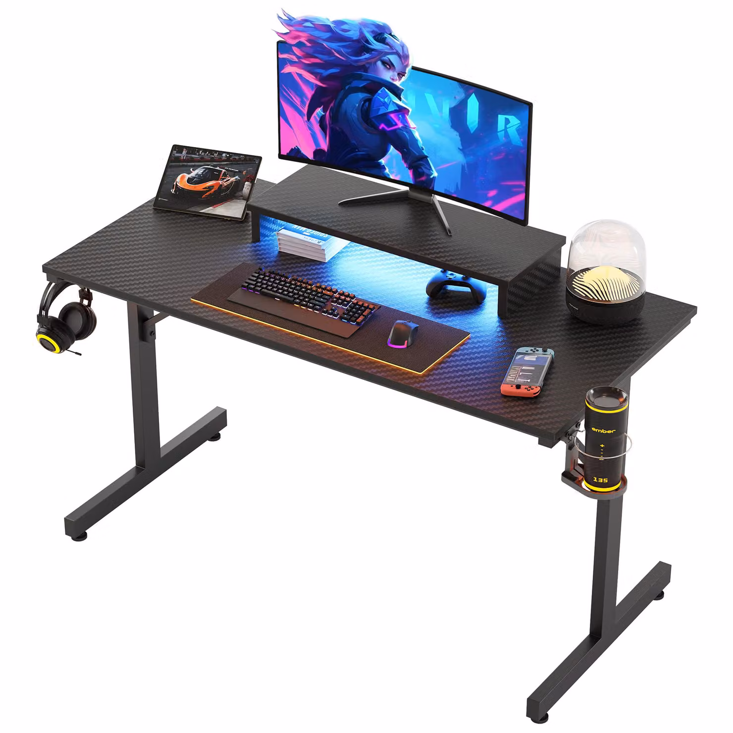 Scrivania da gioco Bestier da 107 cm, con illuminazione a LED, supporto per monitor, gancio per cuffie e portabicchieri