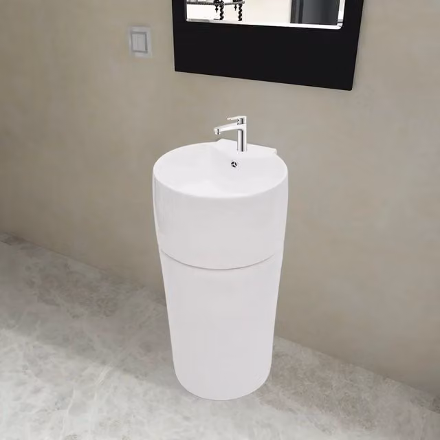 Lavandino in Ceramica-Lavabo-Lavello Bianca Rotondo Foro Rubinetto/ Trabocco