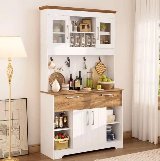 Credenza da cucina con vetrine; 2 cassetti e ganci; 106 × 39 × 176;5 cm; bianco e naturale