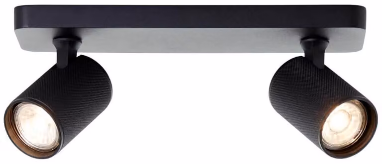 Faretti da soffitto Brilliant Marty LED, 2 luci, spot orientabili con attacco GU10, dimmerabili, luce bianca calda, 2 × 345 lumen, sabbia-nero - ideali per soggiorno e corridoio.