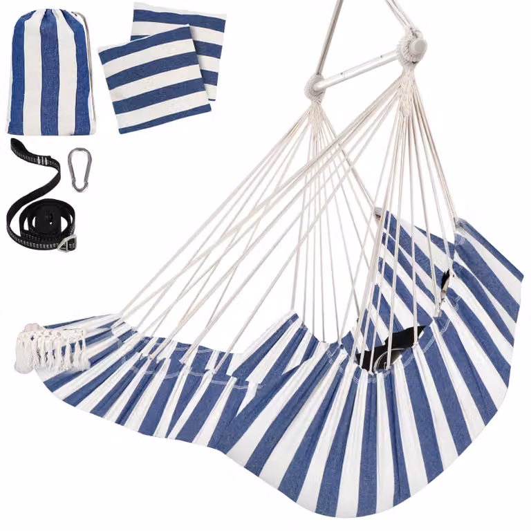 Sedia a dondolo sospesa, tipo amaca, con poggiapiedi e cuscino - Include gancio a scatto e sacca portaoggetti, colore blu/bianco