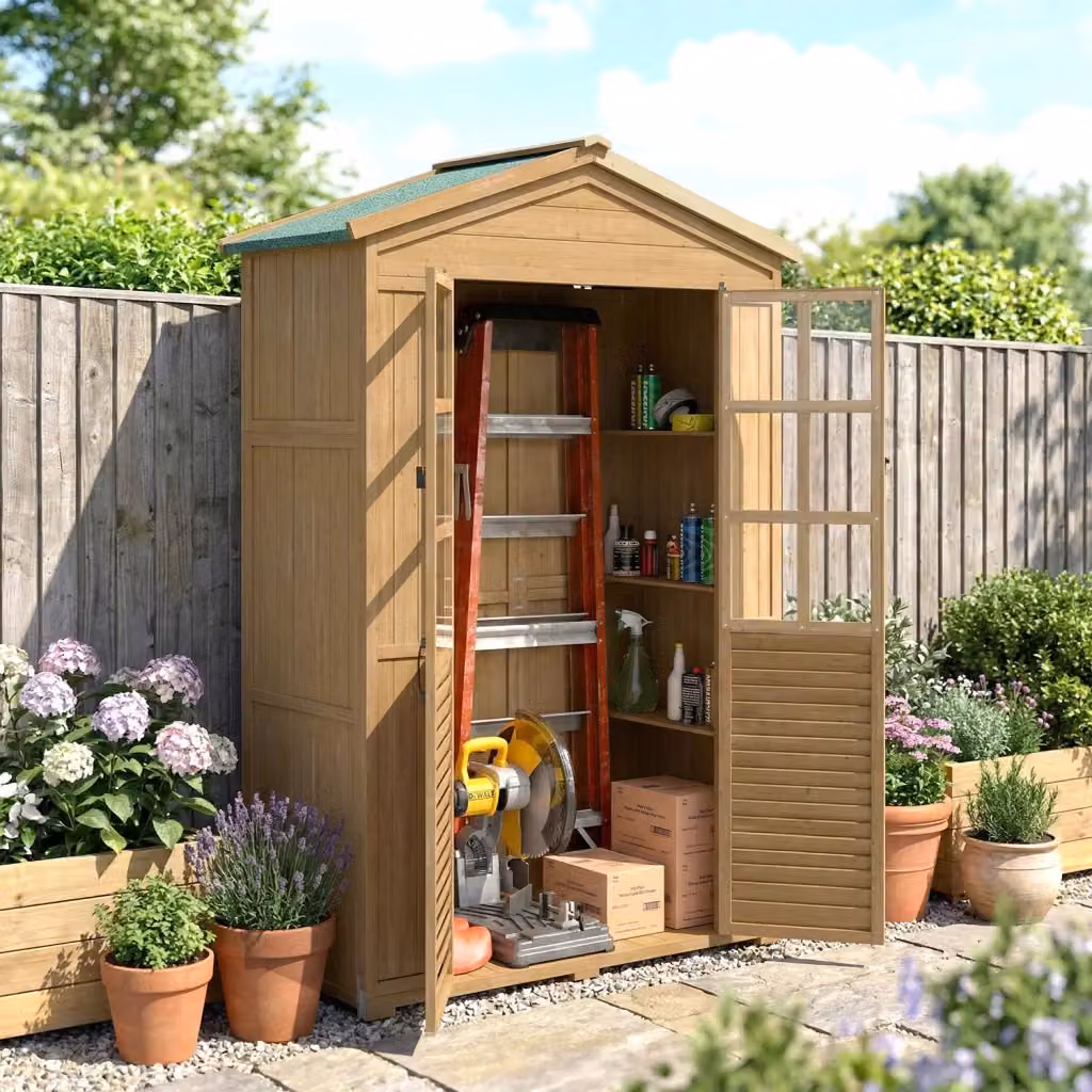 Armadio da Giardino Box Porta Attrezzi Giordanoshop in Legno Marrone Chiaro con Finestre Trasparenti e Serratura L: 128 cm, P: 57,5 cm, H: 197 cm – 2