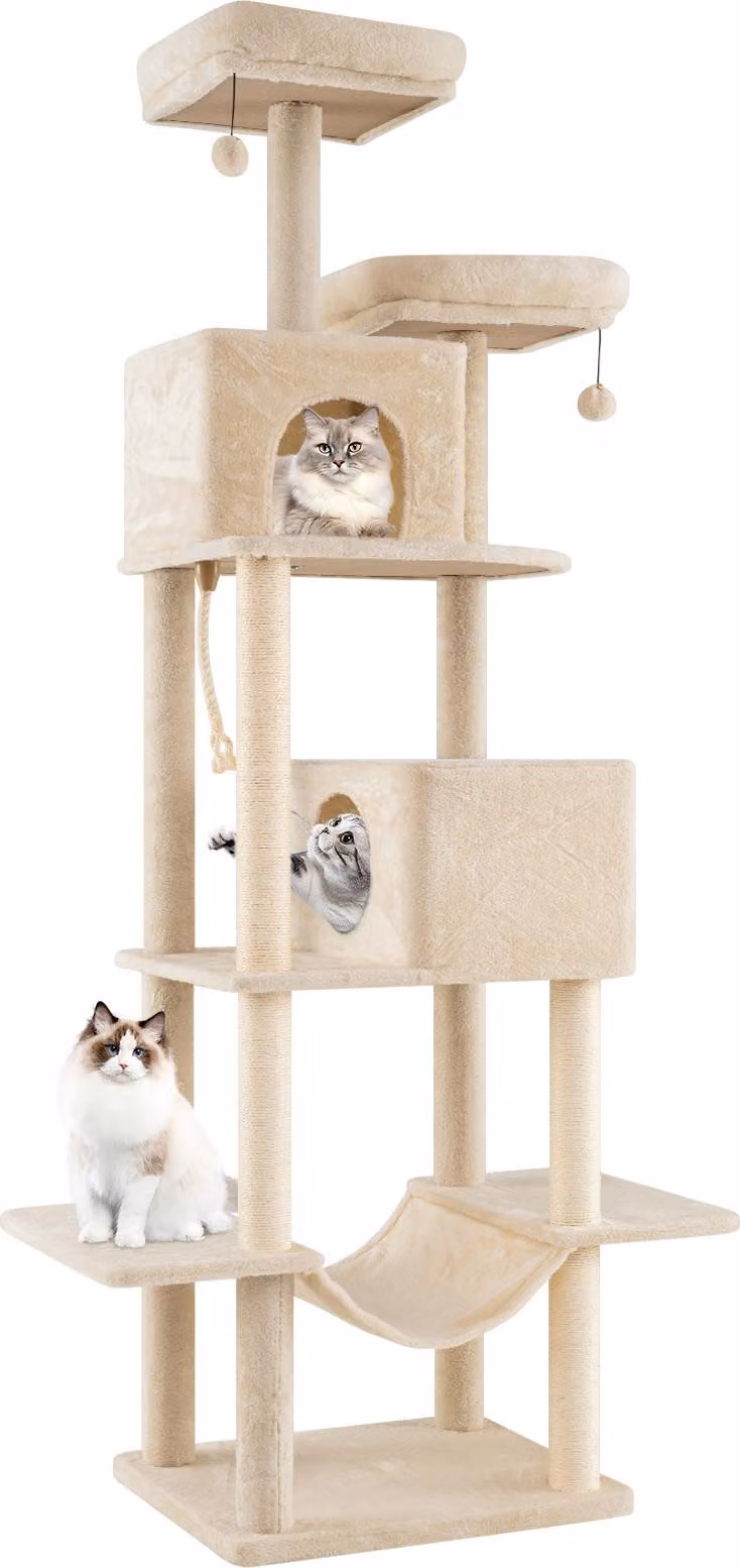 COSTWAY 205 cm grande tiragraffi, albero per gatti XXL con 2 grotte, 2 aree per sdraiarsi, amaca, tiragraffi in sisal, corda in sisal, piattaforme e palla, beige
