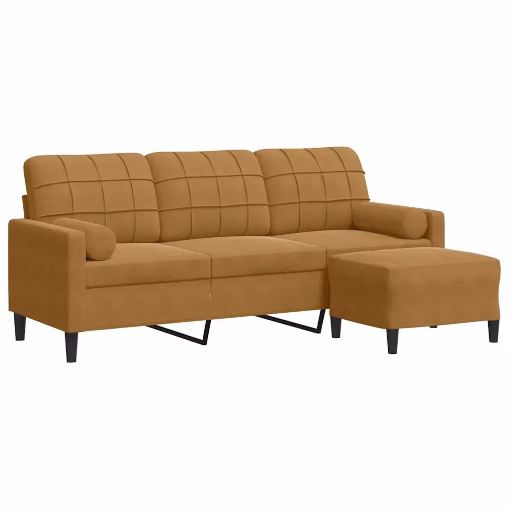 Divano a 3 posti moderno vidaXL in velluto marrone con poggiapiedi coordinato e struttura in metallo L: 197 cm, P: 80 cm, H: 77 cm – 2
