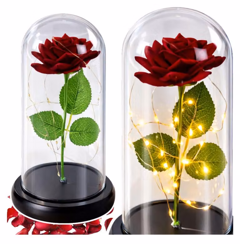 Rosa eterna con cupola in vetro, LED rosso, 21 cm, decorazione, regalo