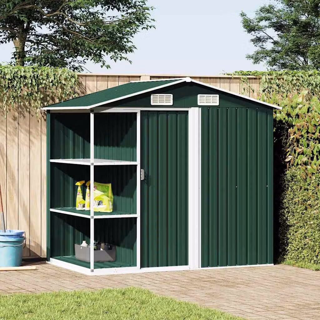 Capanno da Giardino vidaXL con Scaffali in Acciaio Zincato e Plastica, Verde, L 205 cm x P 130 cm x H 183 cm – 1