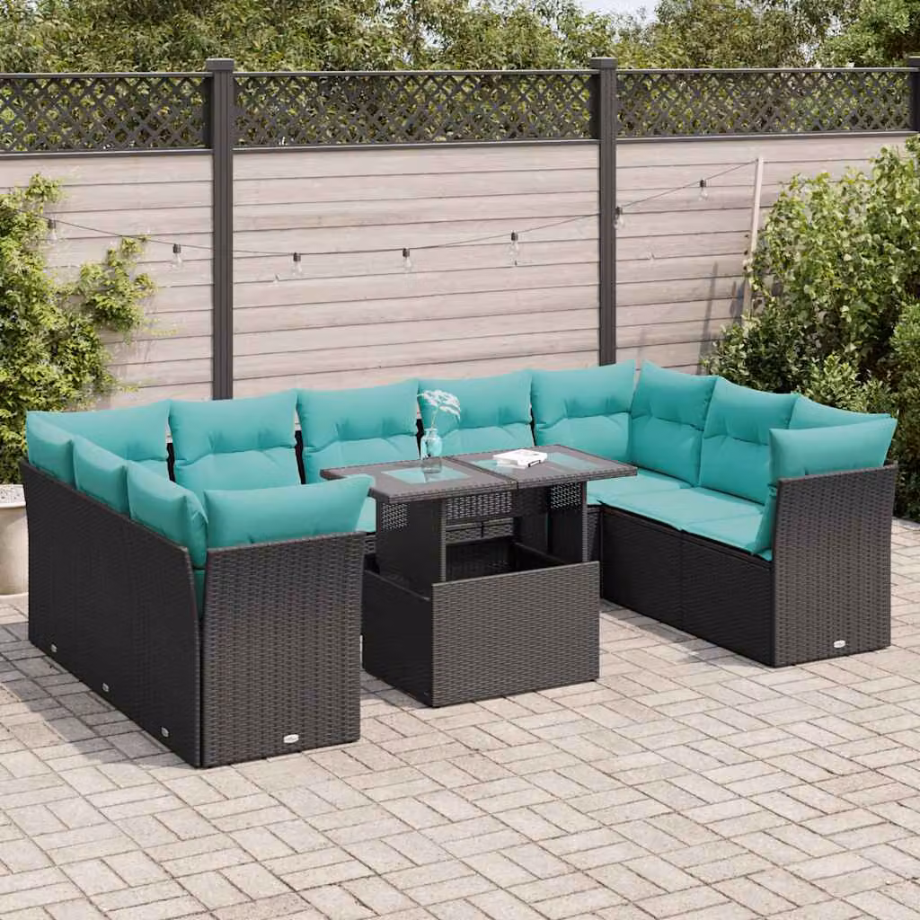 Set di divani da giardino vidaXL in polyrattan e legno di acacia con cuscini, forma a U, nero