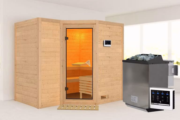 Cabina Karibu sauna interna Sahib Sauna interna 3 panche in legno con finitura naturale Cabina sauna Spessore parete: 40 mm Sauna a infrarossi