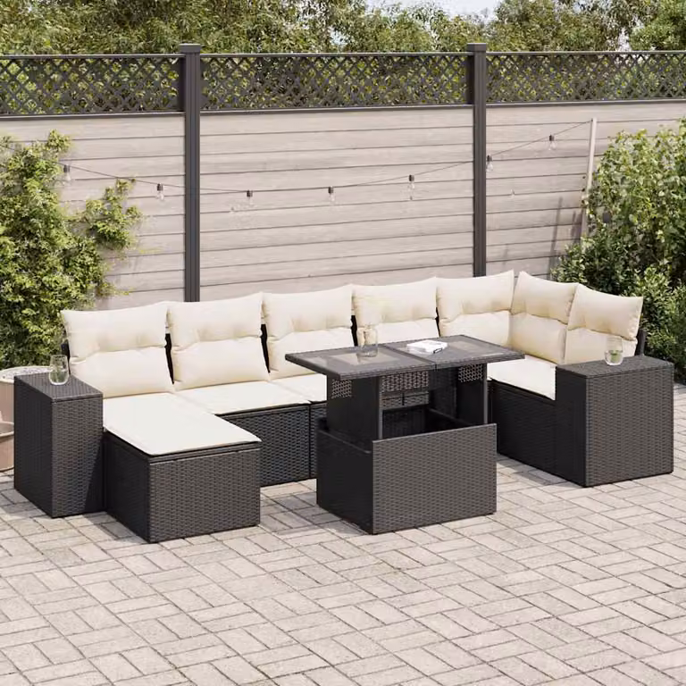 Set Divani da Giardino vidaXL a Forma di L con Cuscini e Tavolino, 8 Pezzi, Nero e Bianco in Polyrattan e Metallo