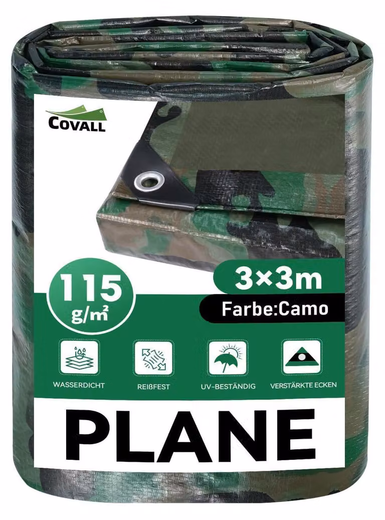 Telo coprioggetto impermeabile, mimetico, 3x3 metri, 115 g/m², resistente allo strappo, resistente ai raggi UV