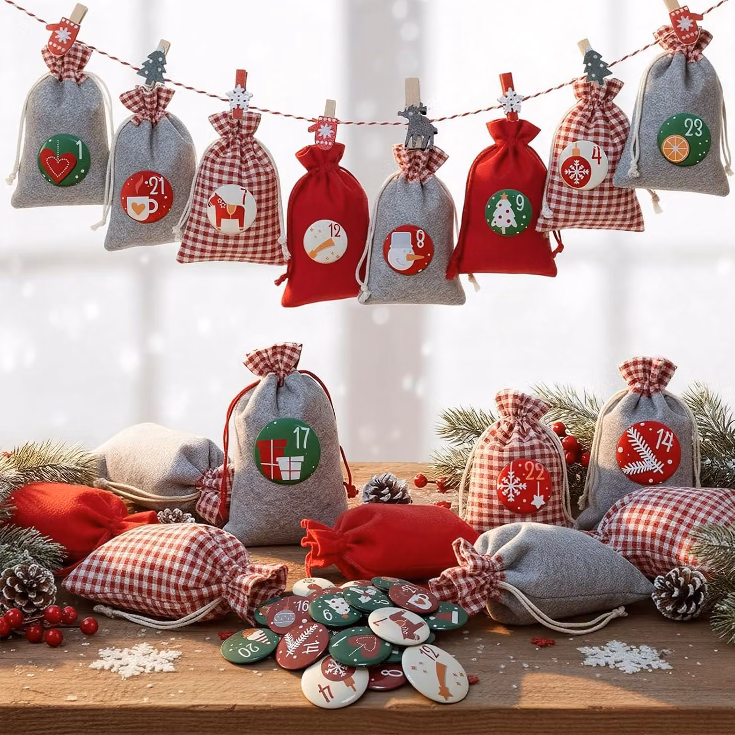 Calendario dell'Avvento da riempire, in tessuto - 24 sacchetti per il calendario dell'Avvento, in 2 dimensioni diverse - Calendario di Natale da riempire - Per bambini