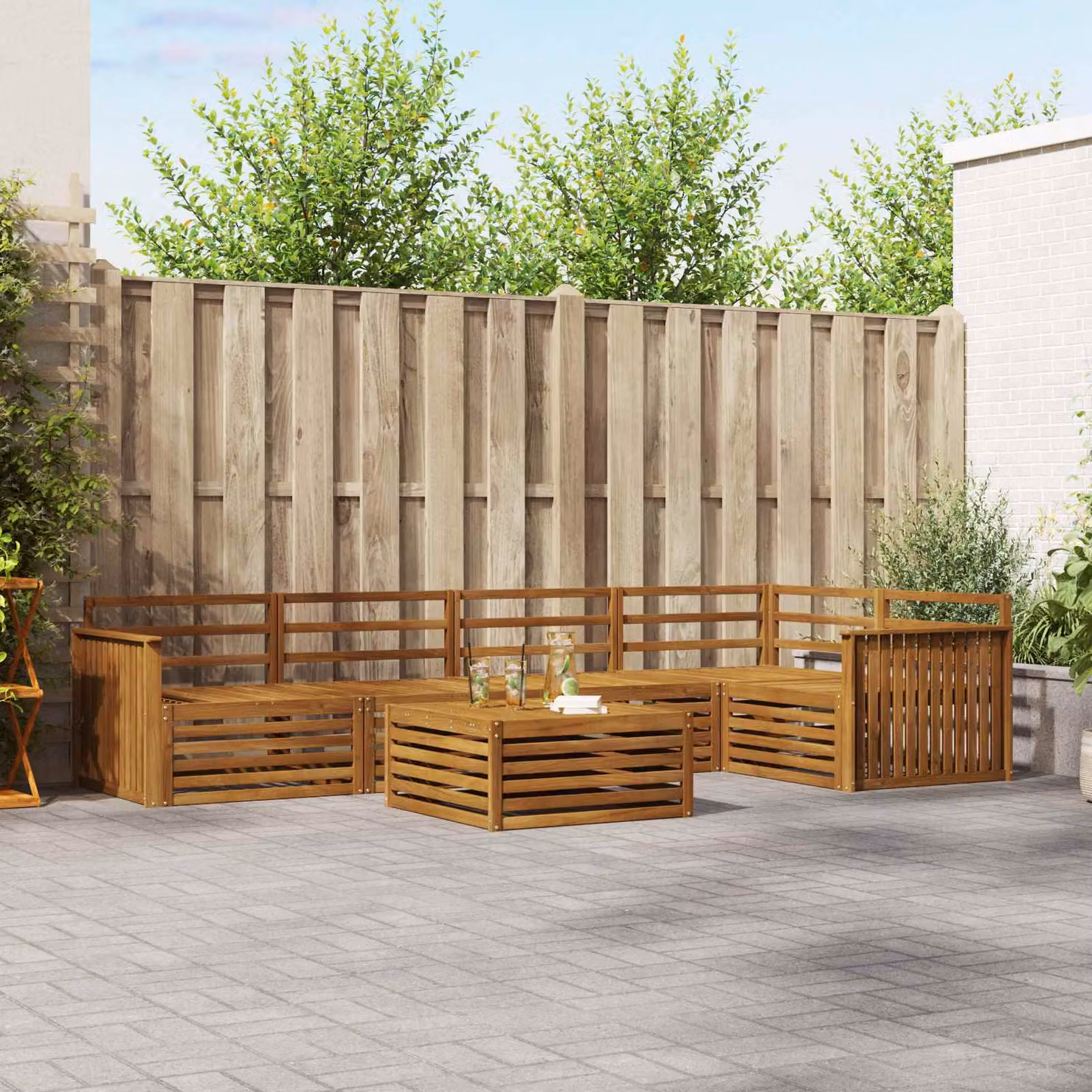 Set di divani da esterno vidaXL in legno di acacia marrone con cuscini e tavolino da caffè, composizione a L moderna per giardino e terrazza
