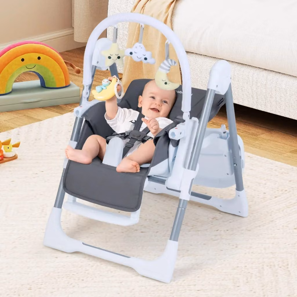 Seggiolone per bambini pieghevole e portatile con altezza regolabile e schienale reclinabile, Grigio scuro – 2