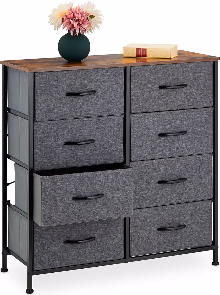 Comodà Relaxdays Industrial, L x P x A 81,5 x 80 x 30 cm, 8 cassetti, tessuto e metallo, effetto legno, mobile da ingresso, grigio/marrone