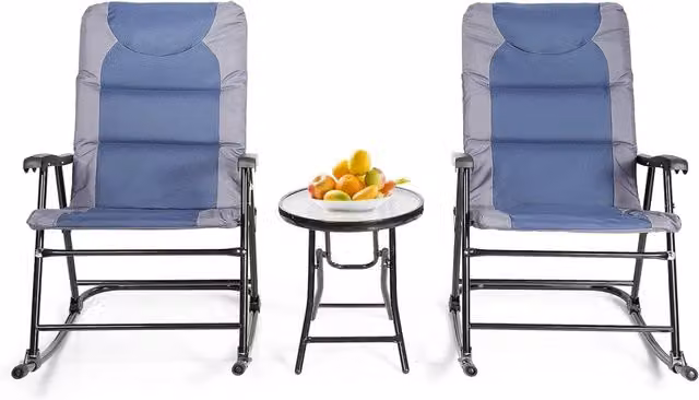 Set di 3 Sedie a Dondolo e Tavolino da Esterno Pieghevoli Costway in Acciaio Inox e Vetro per Giardino, Balcone o Terrazza, Blu – 1