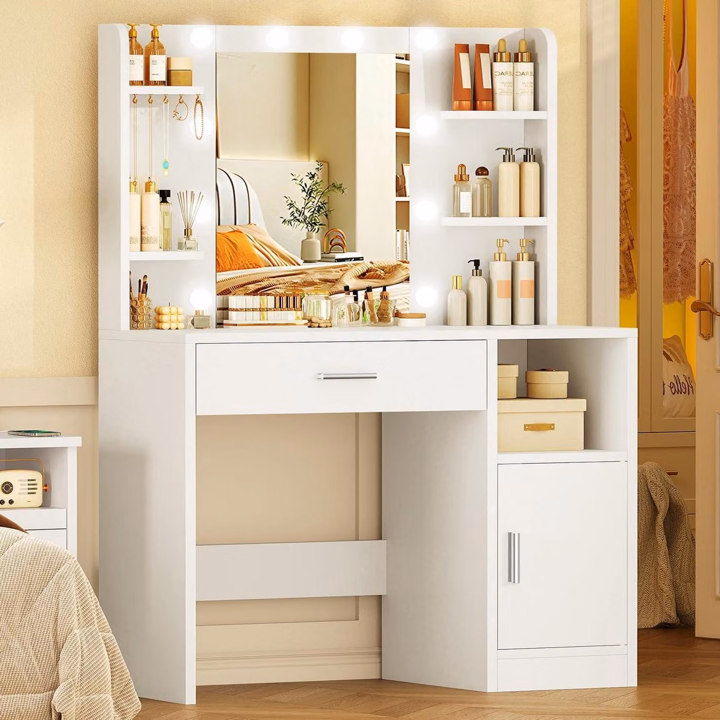 Comò da trucco con specchio e illuminazione, 3 modalità di luce, bianco, con cassetti e ripiani