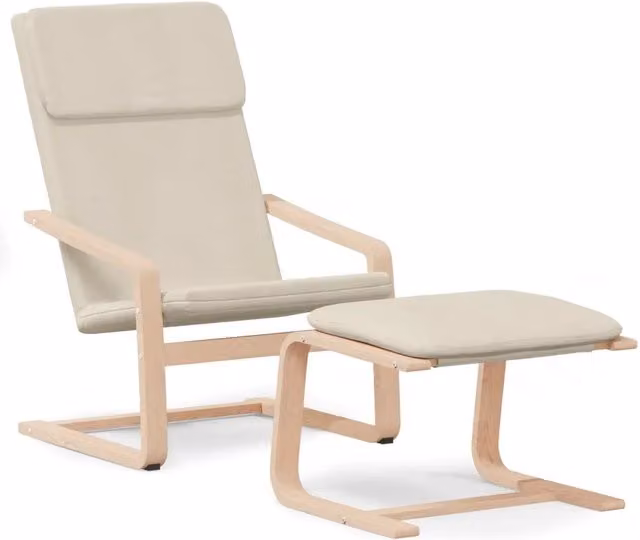 Poltrona Relax Moderna con Poggiapiedi in Tessuto Beige e Struttura in Legno di Betulla