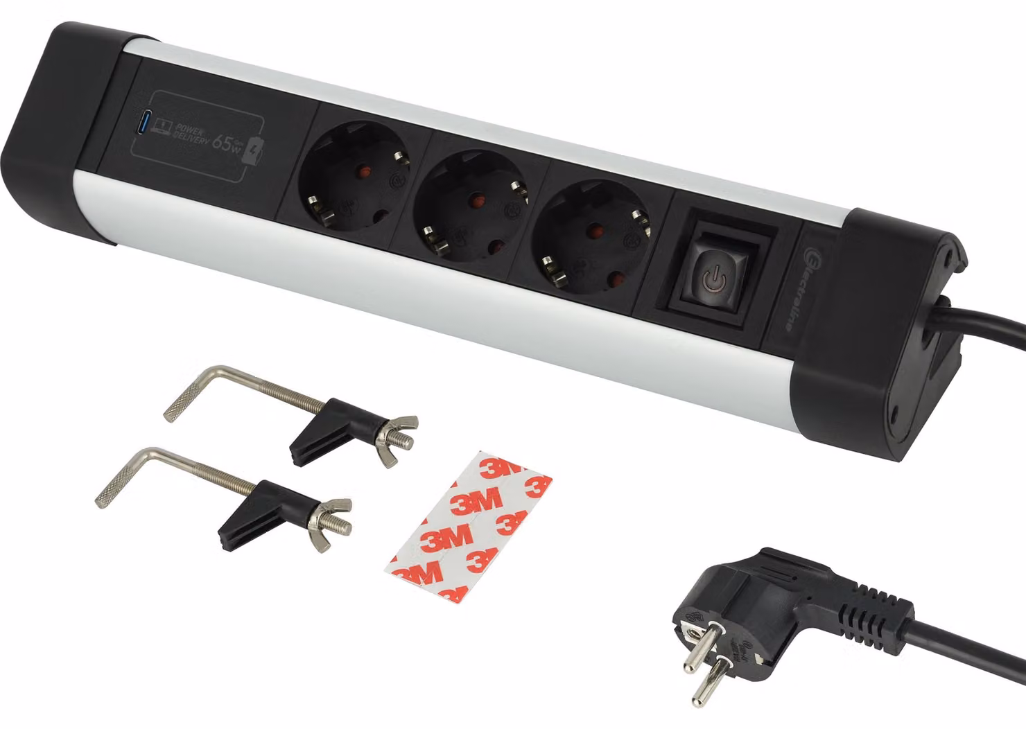 Ciabatta multipresa da scrivania in alluminio, modello 62589, con 3 prese e 1 porta USB-C PD