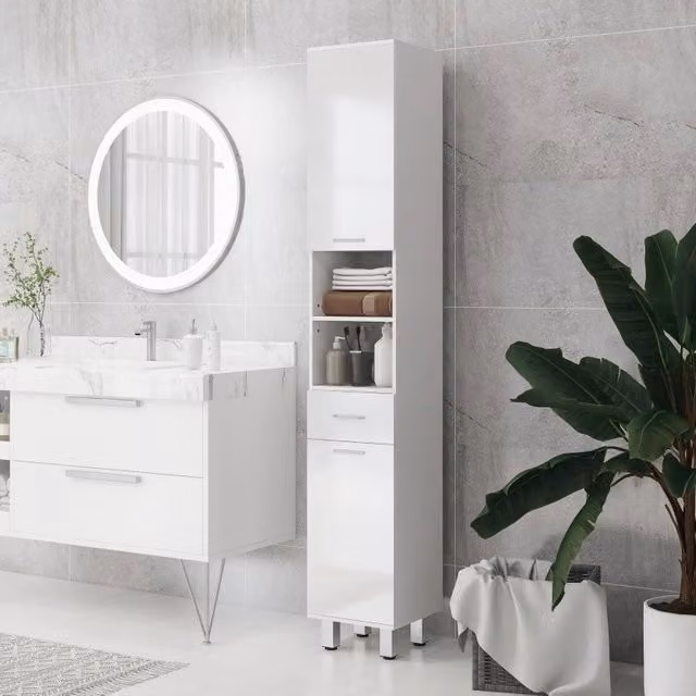 ARMADIO BAGNO 30x30x180 cm Bianco con cassetto e ripiani regolabili