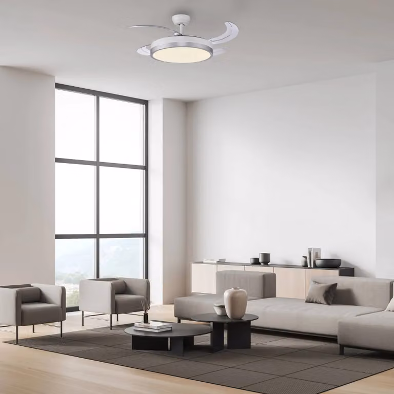 JUST LIGHT. GmbH Ventilatore da soffitto LED Kopta argento, CCT, telecomando, Ø 107 cm Kopta, dimmerabile, Alluminio / Grigio / Zincato, Soggiorno / Sala da pranzo, Metallo, Moderno