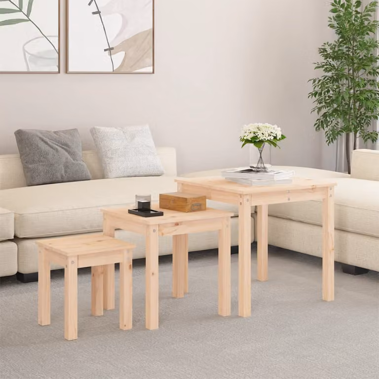 Set di 3 tavolini a incastro vidaXL in legno massello di pino, design moderno, colore beige/marrone
