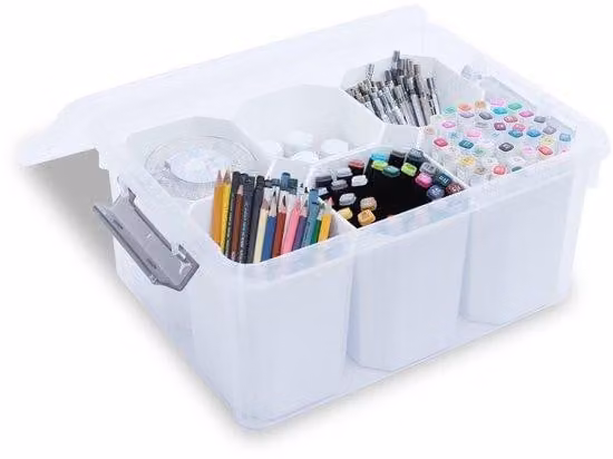 Contenitore trasparente Ibenzoa® da 16 litri con coperchio – 6 inserti removibili da 1,6 litri ciascuno, impilabile e nidificabile, in plastica PP5, dimensioni 39x30x18 cm – ideale per cosmetici, ufficio e hobby