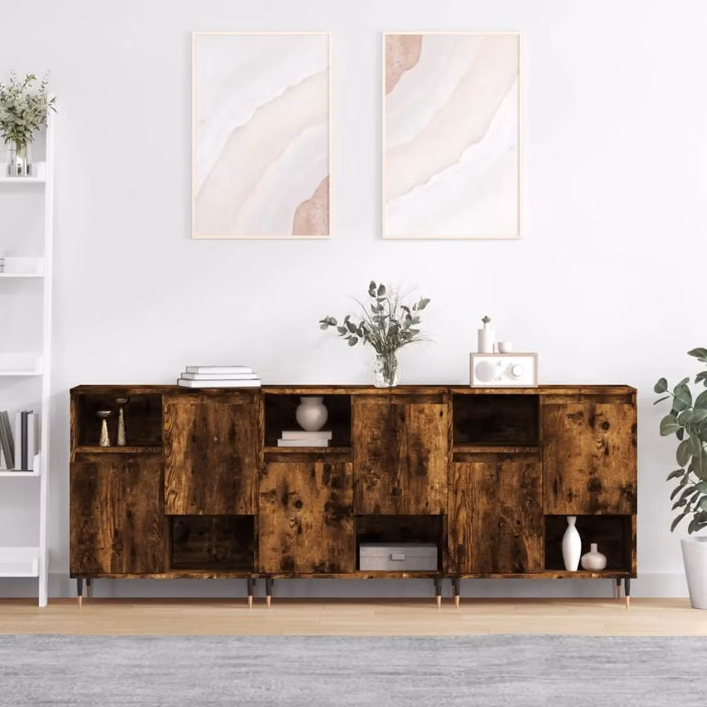 Set di 3 credenze vidaXL in legno multistrato e MDF colore rovere fumo marrone