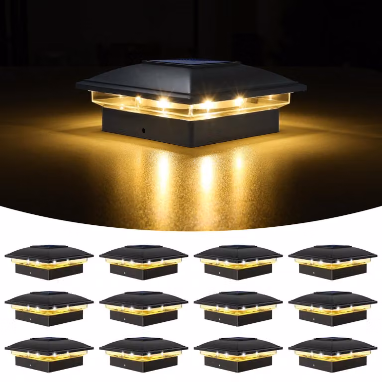 Lampada solare per pali, confezione da 12 pezzi, colore nero, grado di protezione IP64, adatta per pali di dimensioni 4x4–6x6
