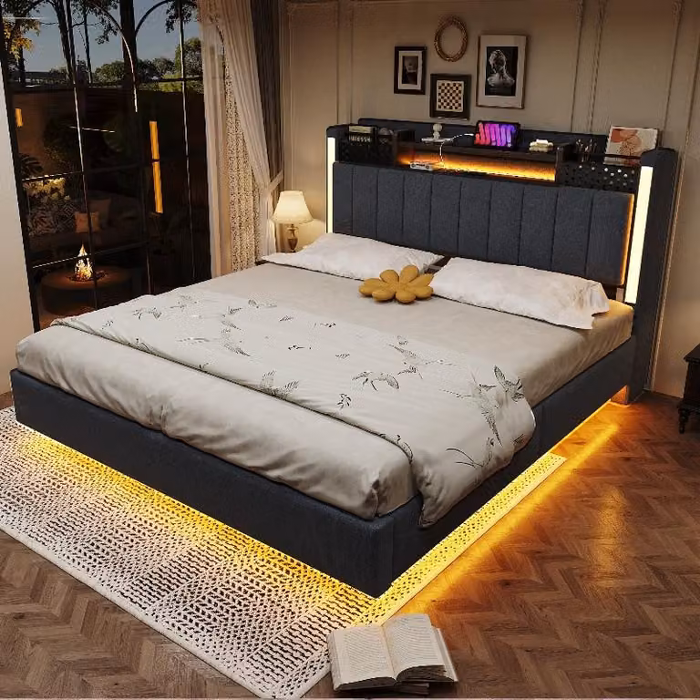 Letto imbottito 140x200 cm con illuminazione a LED e presa USB integrata nella testiera, testiera con spazio contenitivo, rivestito in lino grigio, ideale per la camera da letto