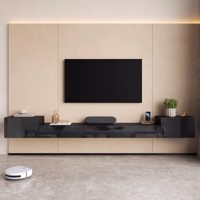Mobile TV da parete Minimal con ante lucide e luci LED controllabili tramite app, colore nero – 1