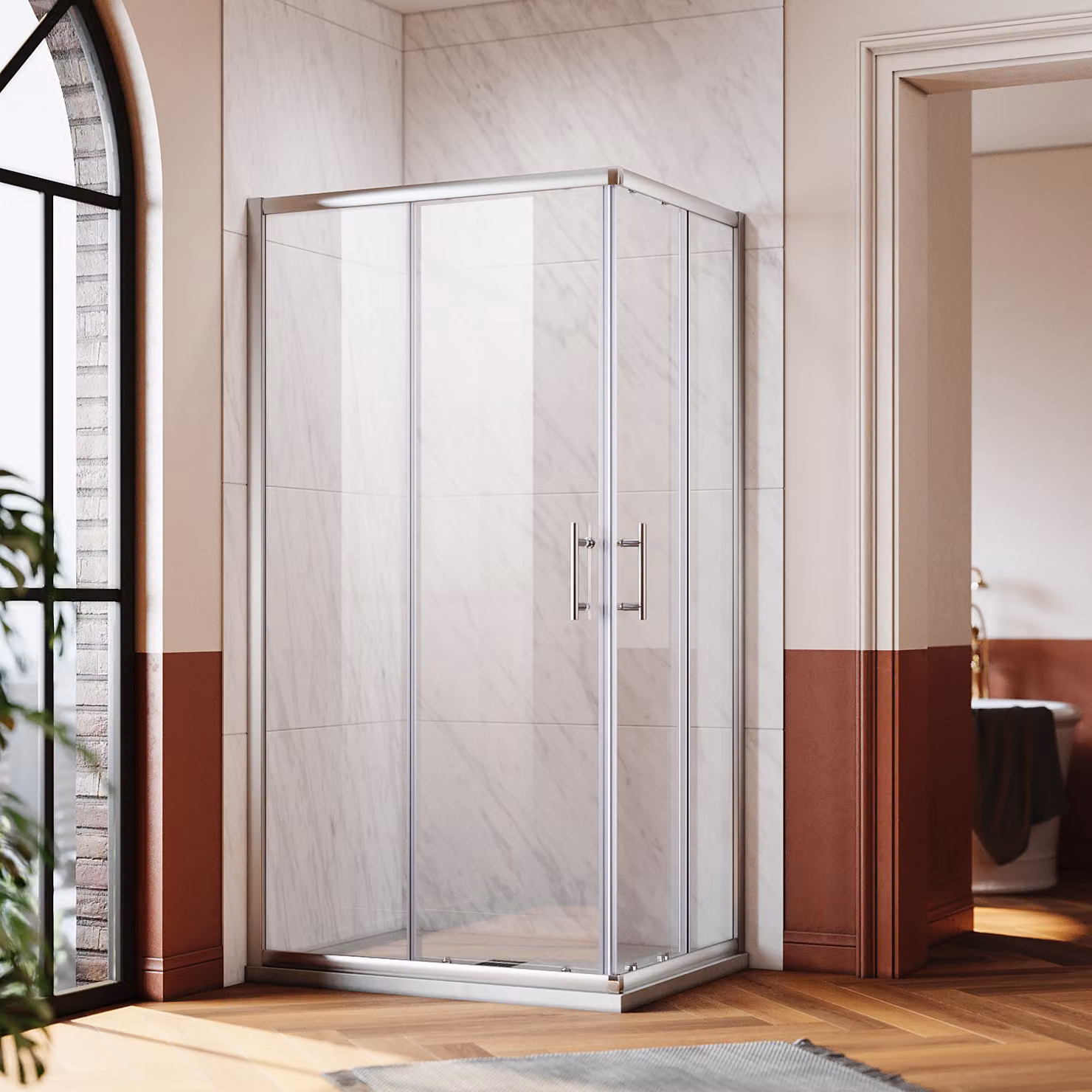 Doccia ad angolo SONNI Cabina doccia ad angolo Porte scorrevoli ad ingresso angolare LxP: 90x70 cm, vetro temperato di sicurezza, installazione a destra e a sinistra, altezza 195 cm