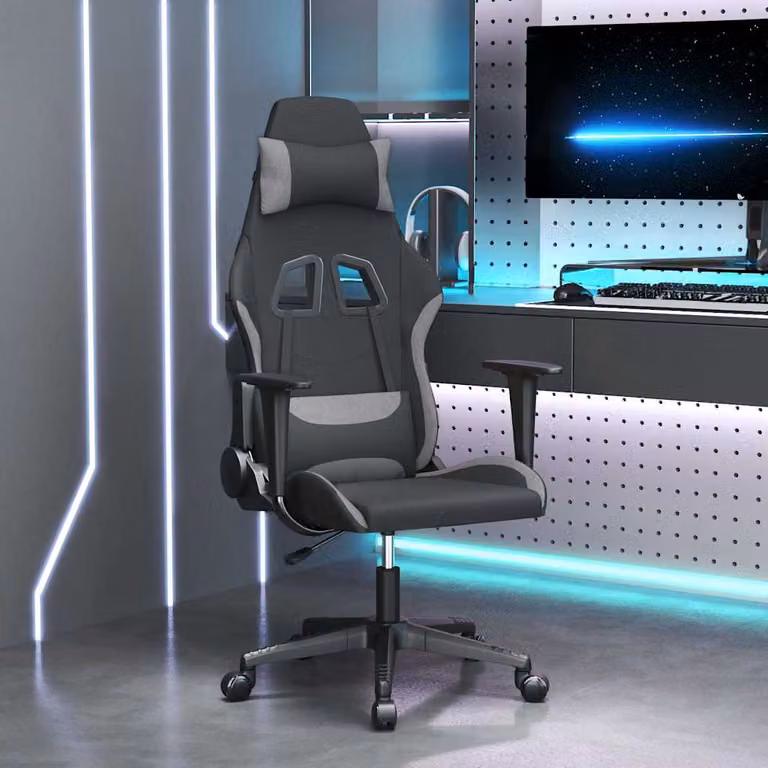 Sedia da Gaming vidaXL per Adulti in Tessuto Nero e Grigio con Poggiatesta, Braccioli e Ruote, Regolabile in Altezza e Ruotante a 360 Gradi