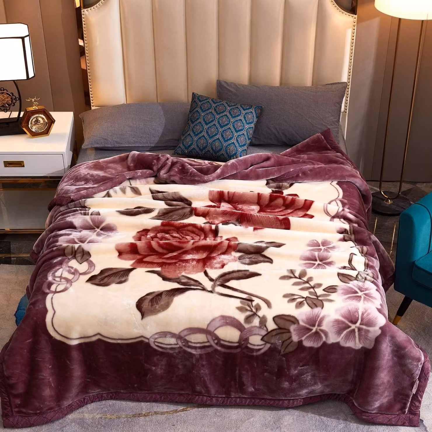Coperta in velluto di peluche reversibile, motivo floreale, 200x230 cm, 3,5 kg