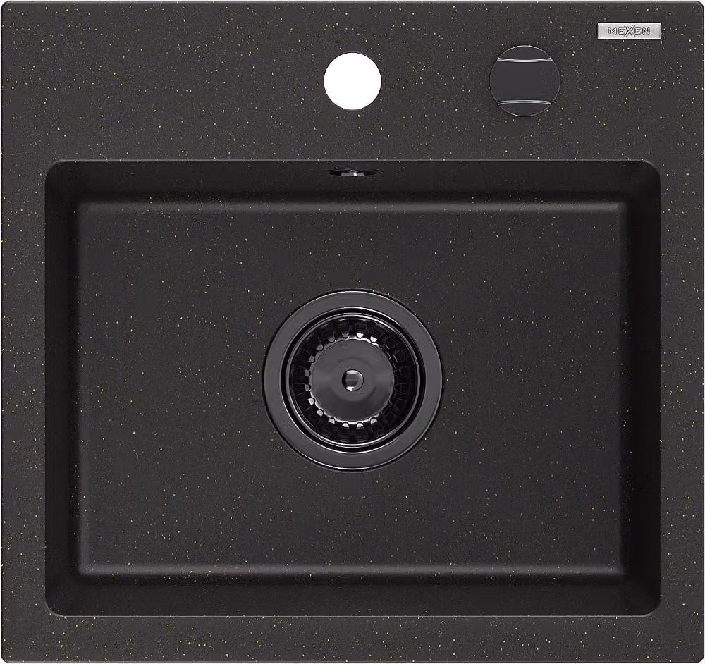 Mexen Milo lavello in granito 1-vasca 435 x 410 mm, nero/oro metallico, sifone nero - 6505441000-75-B