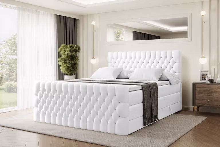 Letto boxspring ALTDECOR con pediera, 2 materassi e topper - 200x200 cm - SERENE-Z KING - Pelle finta bianca - Letto imbottito con materassi H3 e H4, contenitore e rete a doghe, letto con spazio contenitivo