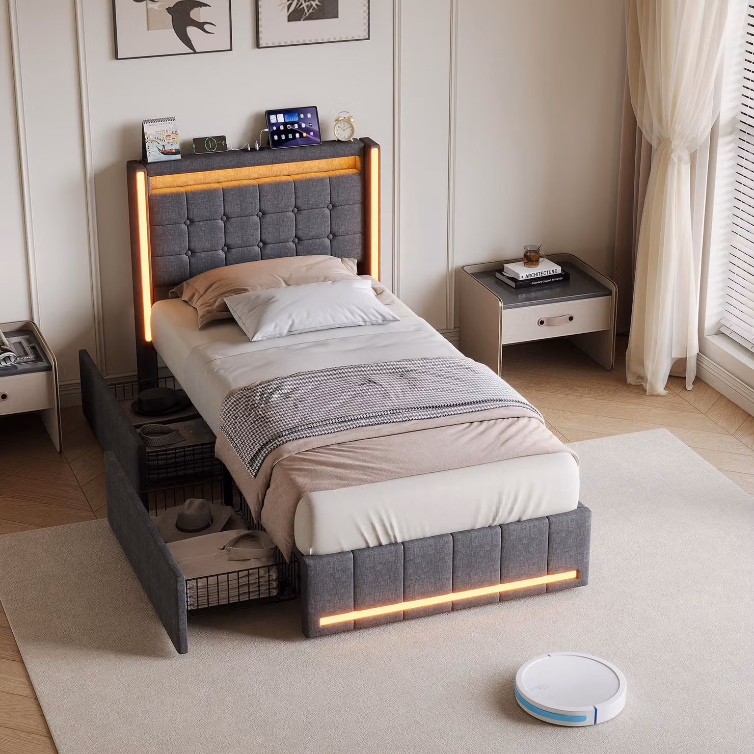 Letto imbottito 90x200 cm con 2 cassetti, illuminazione LED RGB, porta USB-C, 2 porte USB, testiera contenitore, rete a doghe, letto singolo, colore grigio