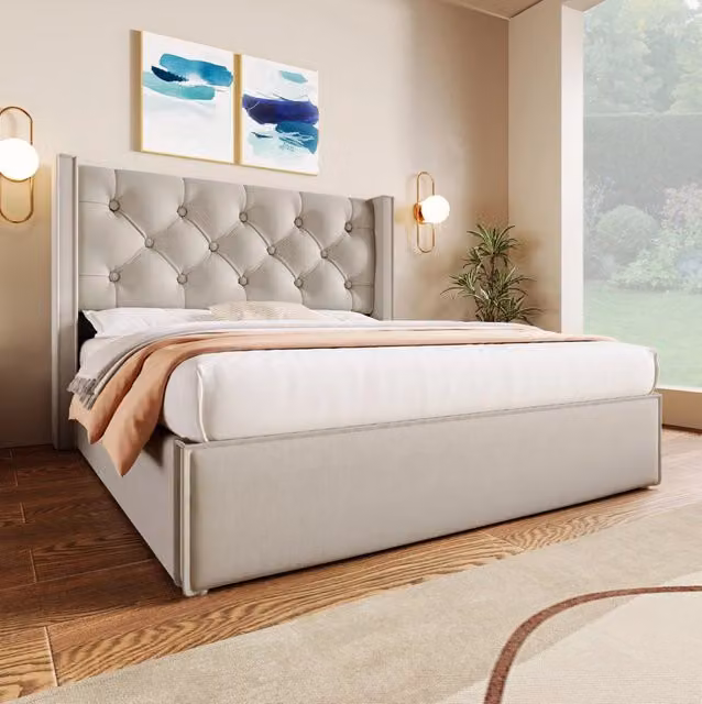 Letto matrimoniale 140x200 cm; contenitore; testiera imbottita; cotone; grigio chiaro (Senza materasso)