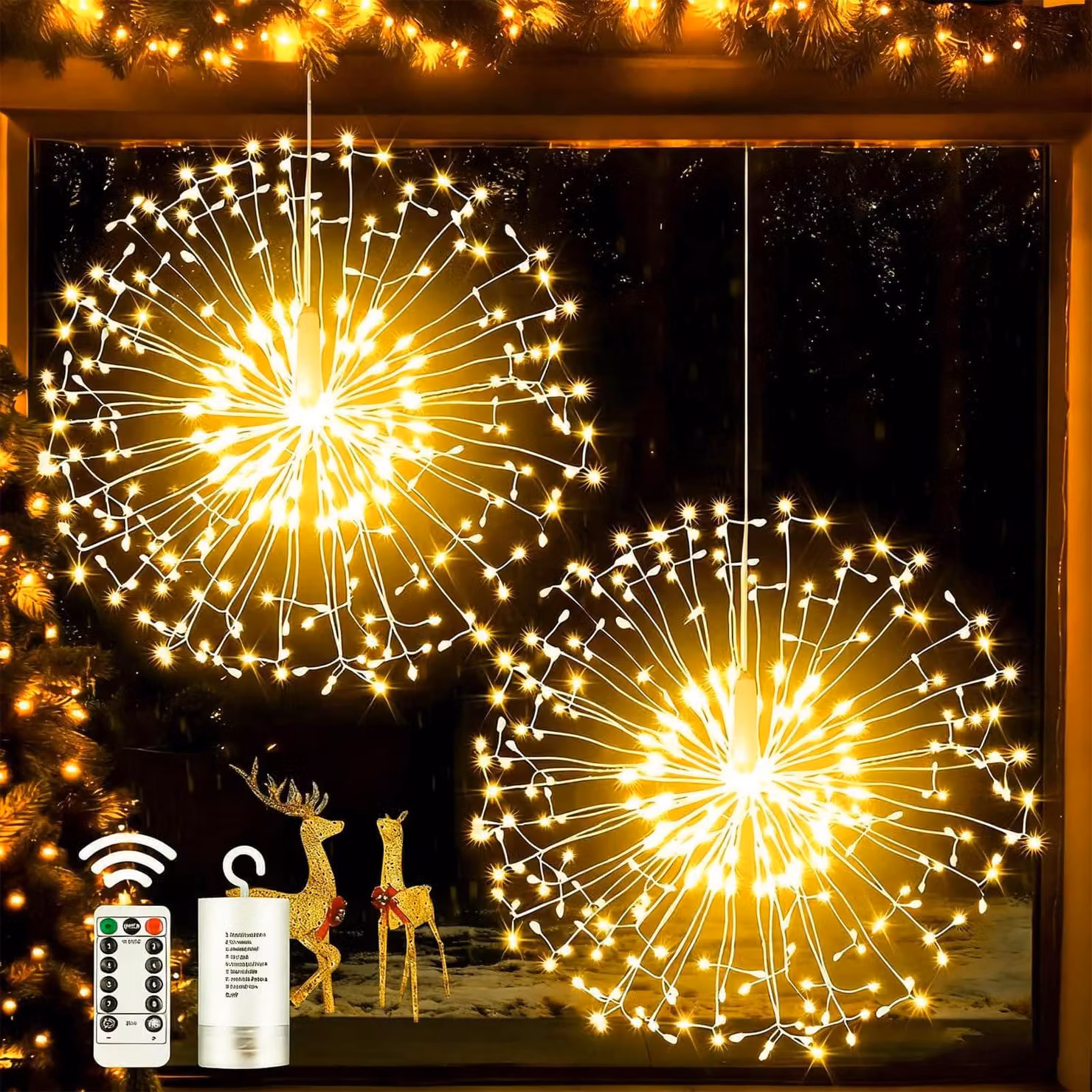 Catena luminosa a LED effetto "esplosione di stelle", 198 LED, luce bianco caldo, confezione da 2, alimentazione a batteria