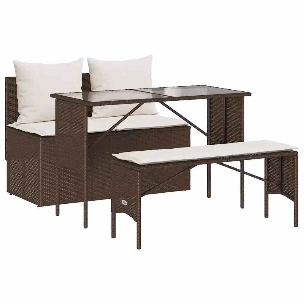 Set da Pranzo da Giardino 3 Pezzi vidaXL in Polyrattan Marrone con Cuscini Bianchi e Tavolo in Vetro – 2