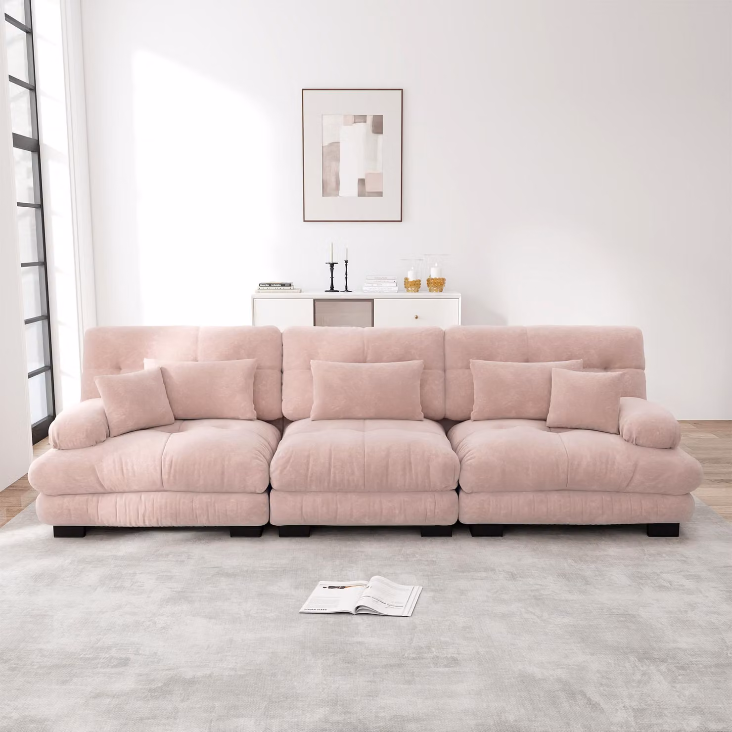 Divano angolare modulare Sweiko a 3 posti con seduta profonda, divano letto in ciniglia Comodo imbottito per soggiorno, appartamento, studio, ufficio, ciniglia rosa