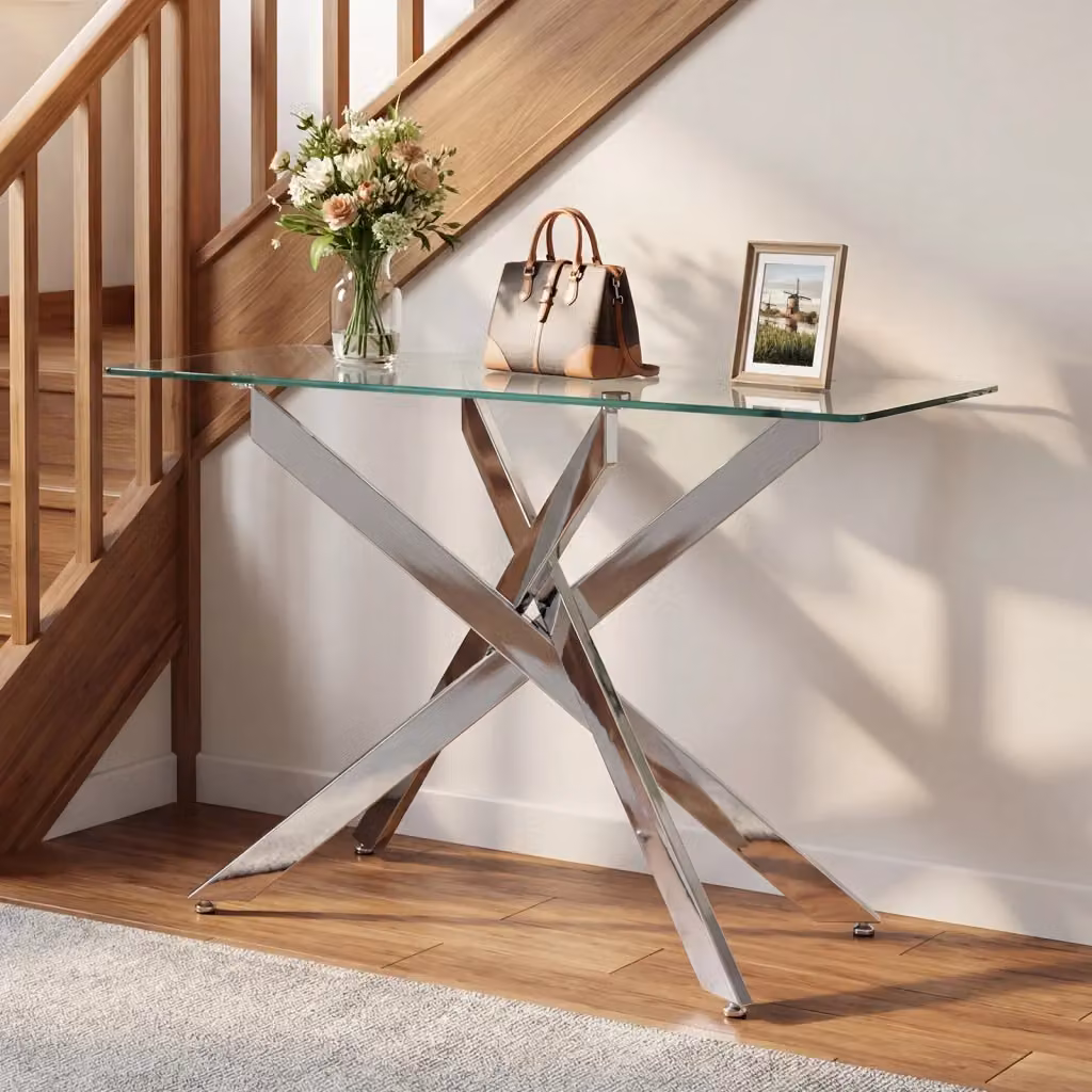 Tavolino consolle moderno DESIGN IN con piano in vetro temperato trasparente e struttura metallica argento, L: 115 cm, P: 50 cm, H: 78 cm – 2
