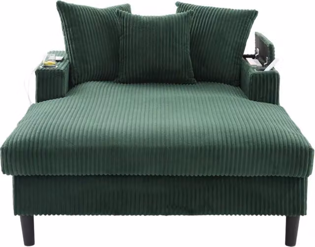 Chaise longue 129x170x70 cm in velluto a coste verde smeraldo con LED e porta USB